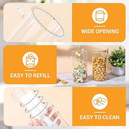 Glass Jars with Bamboo Lids and Spoon - 2 Pack 44 Fl.oz Round Pasta Storage Containers with Airtight Lid, Includes Labels, Marker and Brush, Large Kitchen Pantry Canisters for Rice, Noodles