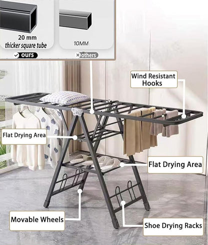 Heavy Duty Clothes Drying Rack Foldable with Wheels, 71'' Extra-Thick Metal Laundry Dryer Stand, 27 Rods Free-Standing for Indoor/Outdoor Windproof Use (17.7" D x 71" W x 42" H)