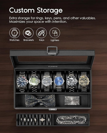 Vlando 6-Slot Watch Case for Men, Watch Box with Glass Lid, Storage for Rings, Keys, Business Textured Leather Organizer Display Case, Soft Pillow, Gifts for Fathers, Dad, Husband - Black