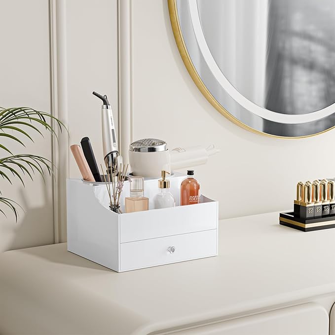 Messmenos Hair Tool Organizer, Acrylic Hair Blow Dryer Holder Stand with Drawer for Straightener and Curling Storage, Bathroom Vanity Countertop Organization for Makeup Accessories - White