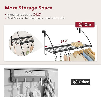 Tajsoon Over The Door Hanger with Storage Rack and 6 Hooks, Over The Door Hanger for Clothes, Door Clothes Hanger for Bathroom, Bedroom, Living Room, Black