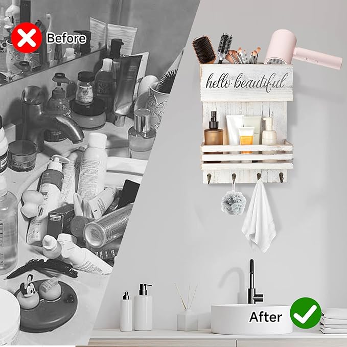 Cokritsm Wooden Hair Dryer Holder Wall-Mounted - 2 Tier Bathroom Storage Shelf Cosmetic & Hairdressing Tools Organizer for Bathroom Countertop/Vanity (White)