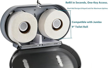 Twin Jumbo Toilet Roll Dispenser: Double 9 Inch Paper Holder Wall Mount with Key Lock for Commercial Office & Public Restrooms, Design by Modunful MD-902-Black
