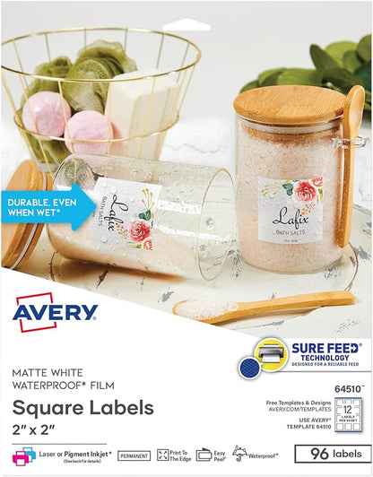 Avery Durable Waterproof Square Labels with Sure Feed Technology, 2" x 2", White, Laser & Pigment-Inkjet Compatible, 96 Blank Labels Total, Great for Branding, Packaging, and More (64510)