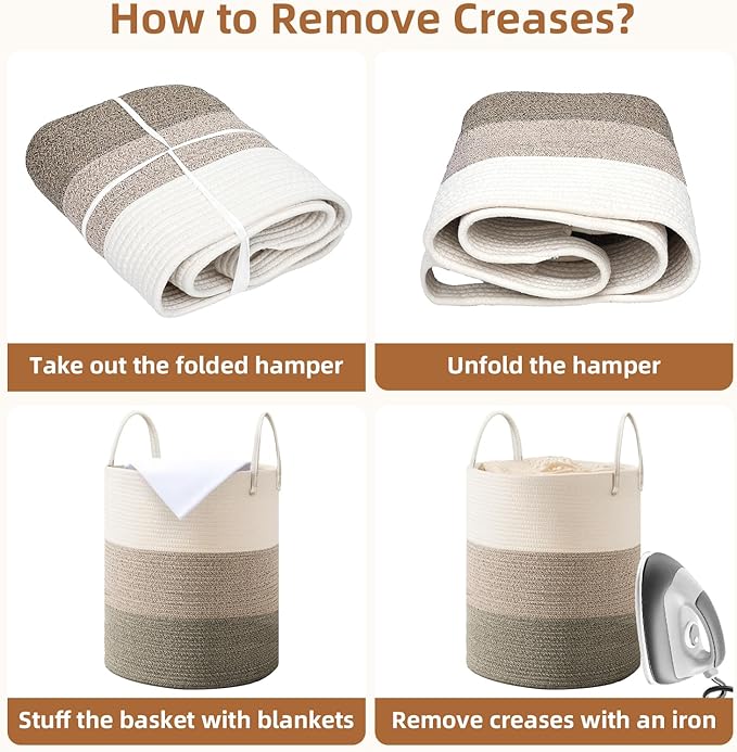 Cotton Rope Basket,Large Blanket Basket for Living Room,Woven cotton rope laundry baskets，For Bathroom Dirty Clothes ，Nursery Toys，pillow storage organization, 80L,Brown and white.