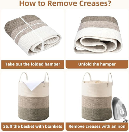 Cotton Rope Basket,Large Blanket Basket for Living Room,Woven cotton rope laundry baskets，For Bathroom Dirty Clothes ，Nursery Toys，pillow storage organization, 80L,Brown and white.