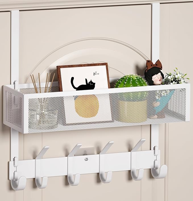 Aimeaihe Over The Door Hooks Organizer, Over The Door Towel Rack with Mesh Basket, 10 Coat Hooks and 2 Wreath Hangers, Bathroom Door Organizer Back of Door Hanger for Bedroom, Kitchen(White)