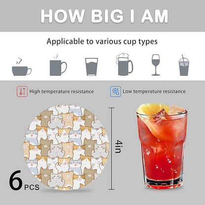 Cute Cats Set of 6 Coasters for Drinks Absorbing Round Ceramic Stone Coaster with Cork Base,Tabletop Protection Mat for Mugs and Cups,Office,Kitchen