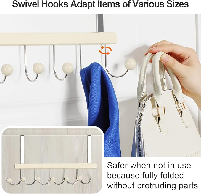 TOPIA HANGER Over The Door Hooks for Hanging, Towel Hooks Towel Racks for Bathroom, Coat Hooks Coat Rack Over The Door Organizer Hanging, Wooden Door Hangers for Coat Towel Hat Purse CT72W - 2 Pack
