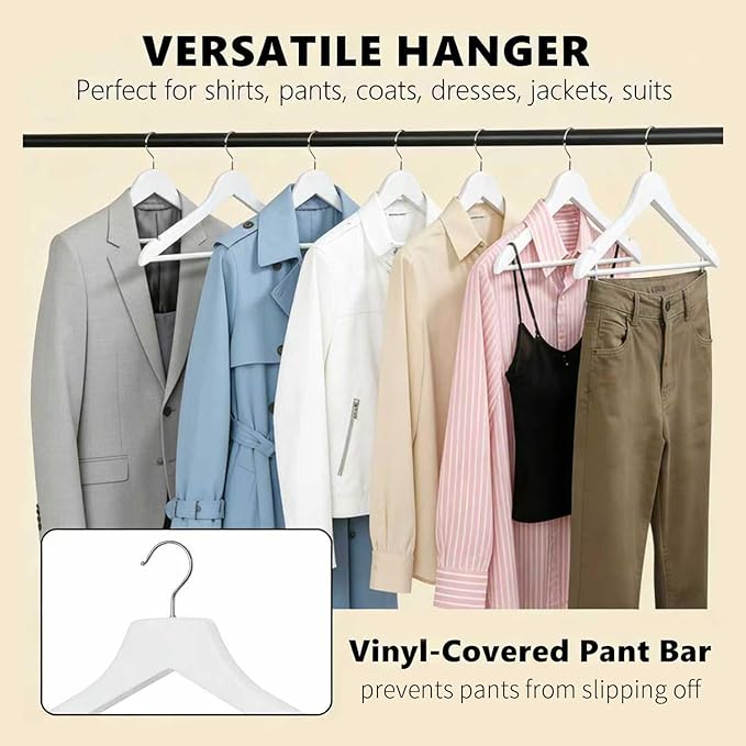 White Wooden Coat Hangers, Durability Wood Suit Hangers with Non Slip Pant Bar, Solid Wooden Clothes Hangers with Wide Shoulder Design for Shirts, Jackets, Dress, Pants, Sweaters, 30 Pack
