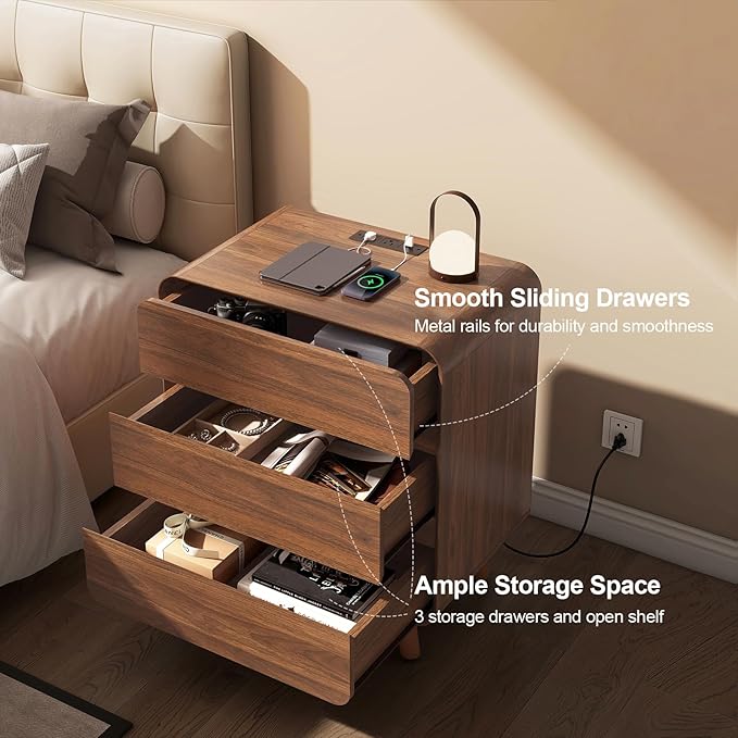 Nasonet Tall Nightstand with Charging Station, Mid Century Modern Nightstands with 3 Storage Drawers, Curved Wood Night Stands for Bedrooms, Walnut
