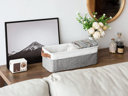 StorageWorks Narrow Storage Bins, Small Basket for Closet and Shelves, Fabric Organizer with Handles, Toilet Paper Storage, Grey and White, 2-Pack