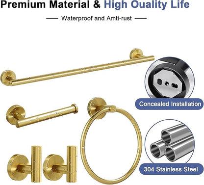 Brushed Gold Bathroom Hardware Set, 24 Inch SUS304 Stainless Steel Bath Towel Bar Set, Bathroom Accessories Set, Towel Rack, Towel Ring, Toilet Paper Holder, Robe Towel Hooks, 5-Pieces