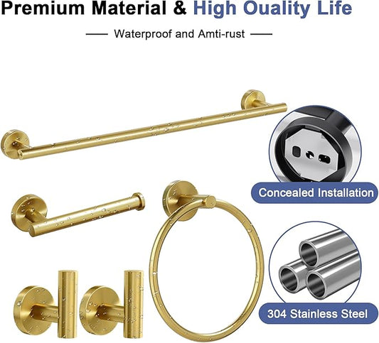 Brushed Gold Bathroom Hardware Set, 24 Inch SUS304 Stainless Steel Bath Towel Bar Set, Bathroom Accessories Set, Towel Rack, Towel Ring, Toilet Paper Holder, Robe Towel Hooks, 5-Pieces
