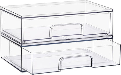 Sorbus Wide Stackable Acrylic Storage Drawers, 2 Pack Clear Plastic Organizer Bins for Baby Bottles, Makeup, Bathroom, Vanity & Countertop Organization, Pull-Out Drawer Design for Cabinets & Pantry