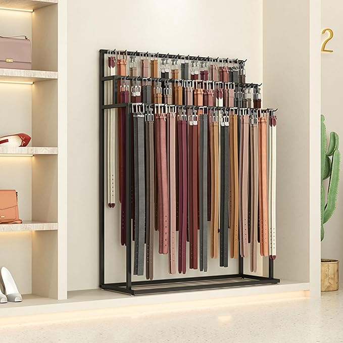 SLVUAFRN Floor Mounted Belt Hanger, Metal Men Closet Display Stand Organizer, Ties Scarf Rack Shawls Purse Shelf for Clothing Retail(Color : Black, Size : 100X40X150CM)