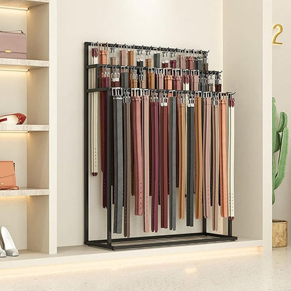 SLVUAFRN Floor Mounted Belt Hanger, Metal Men Closet Display Stand Organizer, Ties Scarf Rack Shawls Purse Shelf for Clothing Retail(Color : Black, Size : 100X40X150CM)