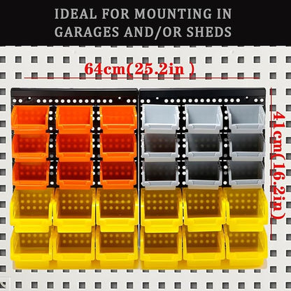 30-Bin Wall Mounted Storage Bins Kit, Tool Organizer Rack, 3 Color Parts Storage Bins, Garage Hardware Organizer, DIY Combination
