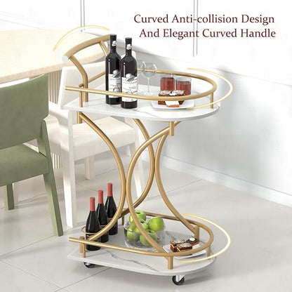 Bar Cart with Wheels Handle Rolling Home Bar Serving Carts 2 Tier Curved Anti-Collision Storage Small Trolley with Wine Rack and Glass Holder for Kitchen Dining Room Living Room Gold