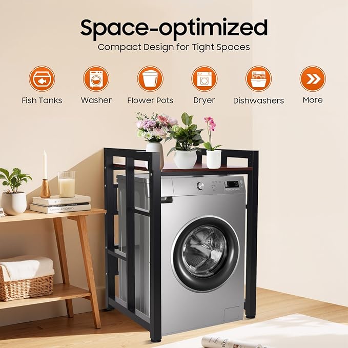 Over Washer and Dryer Shelves, Washer and Dryer Storage Shelf, Adjustable Laminate and Foot Pads Washing Machine Storage Rack for Kitchens Dressing Rooms (Black, Teak Color)