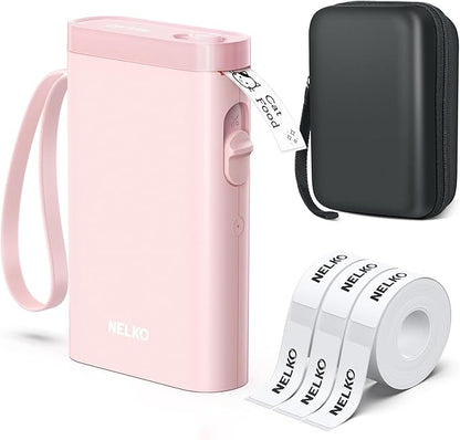 Nelko Label Maker Machine with Tape, P21 Bluetooth Label Printer with 3 Tapes & Case, Wireless Mini Label Makers with Multiple Templates Icon Font Custom for School Office Home, Pink