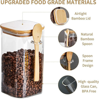 Unbreakable - Glass Jars with Airtight Bamboo Lid and Spoon, 4Pcs 39OZ Overnight Oats Containers, Kitchen Canisters, Glass Food Storage Containers for Coffee Beans, Flour, Sugar, Cookie,Pasta