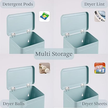 Magnetic Lint Bin for Laundry Room, Metal Trash Can with Lid for Dryer, Farmhouse Lint Holder, Laundry Co Sign, Laundry Room Storage Decor with Dryer Lint Brush (Mint)