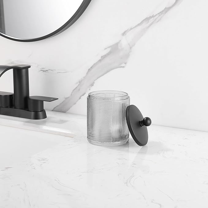 Indecor Home Gray Colored Tranlucent Apothecary Ribbed Geo Etched Glass Jar W/Matte Black Metal Lid Cover for Bathroom Organization, Cotton Balls, Q Tips, and Small Accessories, Bathroom Storage