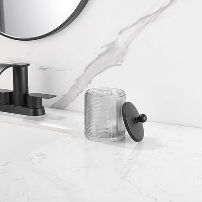 Indecor Home Gray Colored Tranlucent Apothecary Ribbed Geo Etched Glass Jar W/Matte Black Metal Lid Cover for Bathroom Organization, Cotton Balls, Q Tips, and Small Accessories, Bathroom Storage