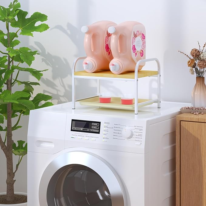 2-in-1 Laundry Detergent Holder & Organizer with Drip Tray, 2-Tier Metal Shelf for Countertop - Soap Dispenser & Storage Stand for Laundry Room, Kitchen, Bathroom, White