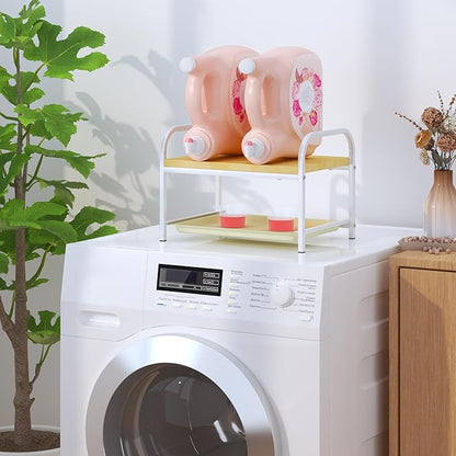 2-in-1 Laundry Detergent Holder & Organizer with Drip Tray, 2-Tier Metal Shelf for Countertop - Soap Dispenser & Storage Stand for Laundry Room, Kitchen, Bathroom, White