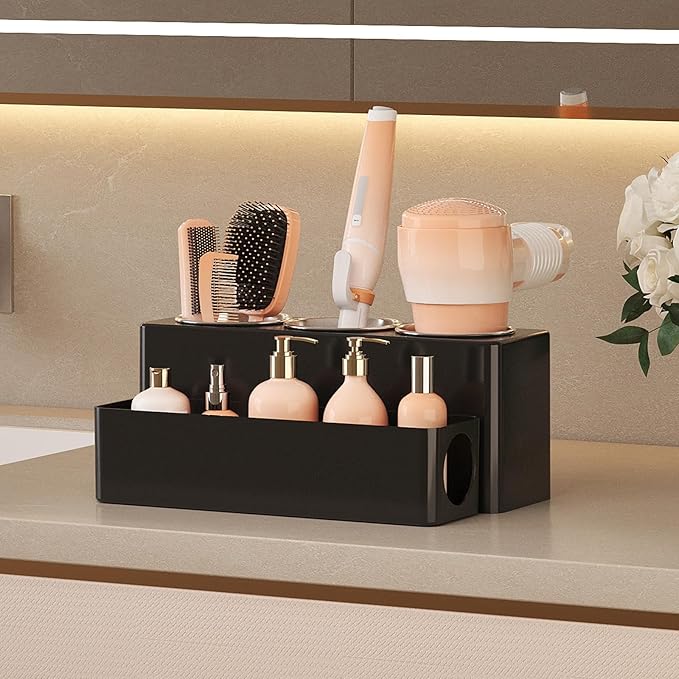 Lifewit Hair Tool Organizer Countertop, Removable Blow Dryer Holder for Bathroom Vanity, Acrylic Hot Tools Organizer Storage for Hair Dryer, Curling Iron, Brush, Straightener, 3 Stainless Cups, Black