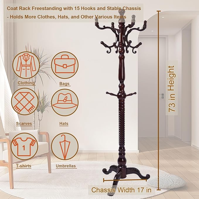 Coat Rack Freestanding with 18 Hooks, Wooden Standing Coat Racks for Entryway, Solid Wood Clothes Hanger Rack with Sturdy Round Base for Entryway, Hall, Bedroom, Office, Hallway (Triangular base)