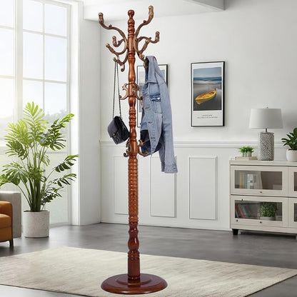 Coat Rack Freestanding with 18 Hooks, Wooden Standing Coat Racks for Entryway, Solid Wood Clothes Hanger Rack with Sturdy Round Base for Entryway, Hall, Bedroom, Office, Hallway (Caramel color)