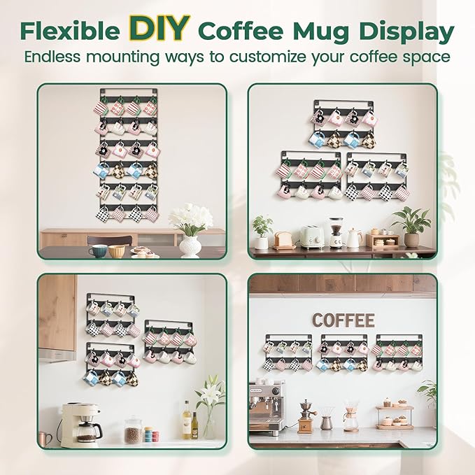 EsLuker.ly Mug Holder Hanger Rack Wall Mounted Wooden 3 Pack Coffee Cup Storage Organizer Display Shelf with 24 Removable Plastic Hooks, Ideal for Mug Collectors, Black
