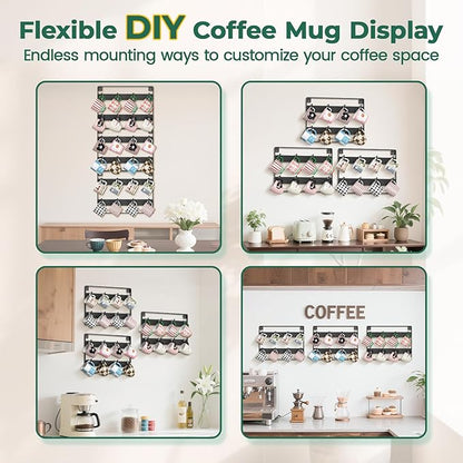 EsLuker.ly Mug Holder Hanger Rack Wall Mounted Wooden 3 Pack Coffee Cup Storage Organizer Display Shelf with 24 Removable Plastic Hooks, Ideal for Mug Collectors, Black