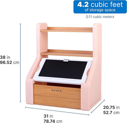 Step2 Harmony Toy Storage Box, Wood and Plastic, Shelves for Books, Toy Storage Bin with Chalkboard Lid and Clip, Easel and Toy Organizer in One, Rose Pink