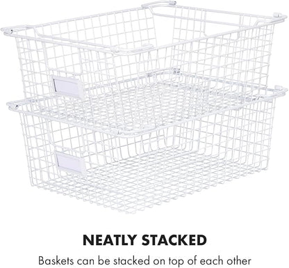 Granrosi Extra Large Stackable Wire Baskets for Organizing — Set of 2 White Wire Storage Baskets with Handles; Snacks & Chips Organizer for Pantry; XL Metal Storage Bins for Pantry
