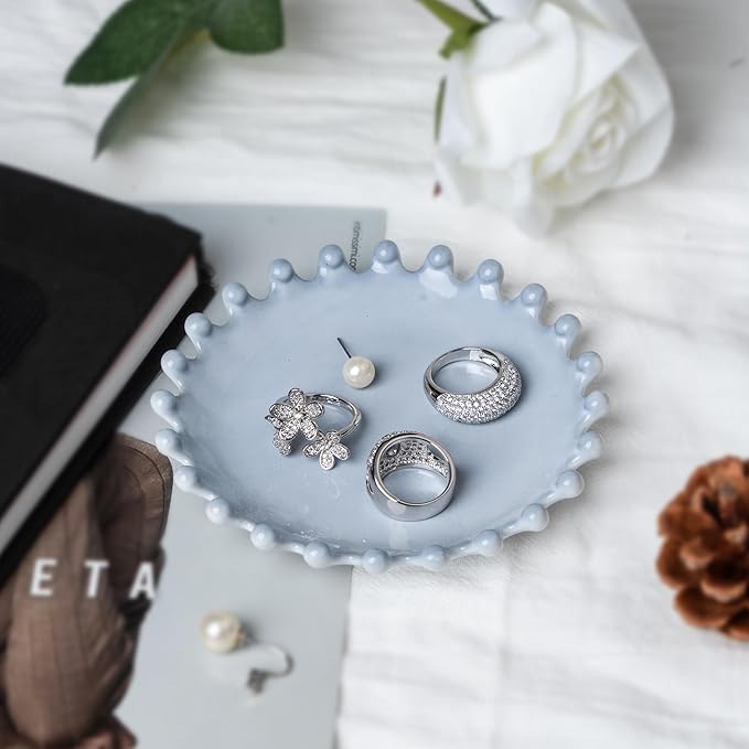 GRAMSTORMAX Ceramic Jewelry Dish, Decorative Tray for Rings Earrings Necklaces Bracelet Watch Keys, 4.50" Trinket Tray as Gifts for Women (Antique Beads)