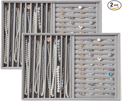 KATISYIO Large Velvet Jewelry Tray 2 Pack Stackable Jewelry Display Drawer Inserts Trays Organizer for Earring Bracelet Necklace Ring (Gray, Ring and 9 Grids)