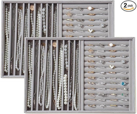 KATISYIO Large Velvet Jewelry Tray 2 Pack Stackable Jewelry Display Drawer Inserts Trays Organizer for Earring Bracelet Necklace Ring (Gray, Ring and 9 Grids)