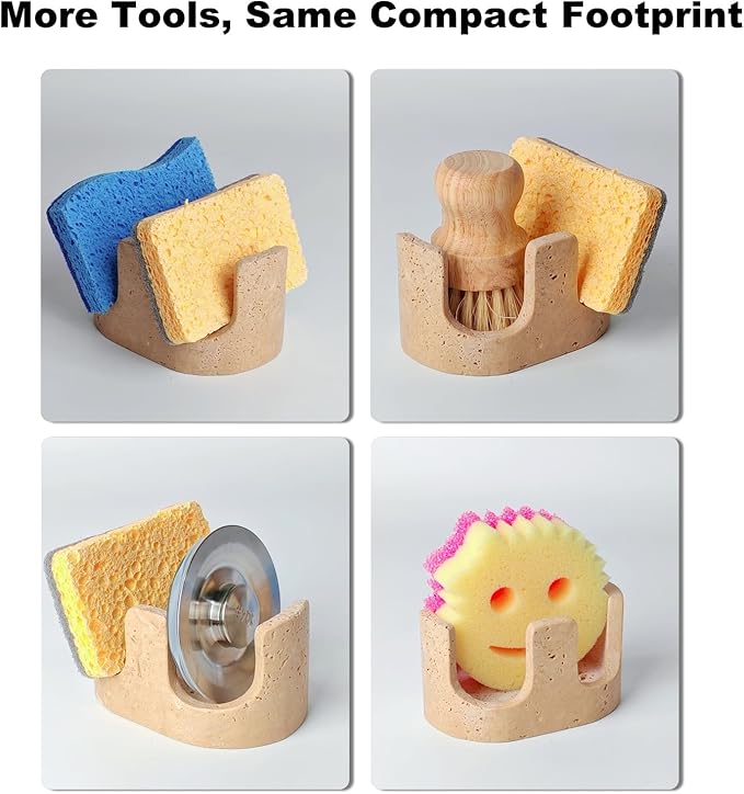 2 in 1 Travertine Sponge Holder, 2 Slot Natural Stone Sink Organizer with Raised Edge to Catch Drips,Keeps Sponges Dry & Countertop Clean, Heavy&Stable with Anti-Slip Base, Kitchen Decor,Double, Beige