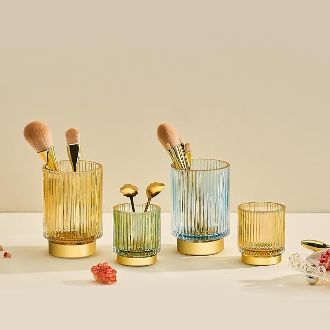 LEICURACE Makeup Brush Holder Organizer,Toothbrush Holders,Desk Pen Pencil Holder,Multifunctional Vintage Glass Brush Cup（S+L/Blue/A3-3-US）