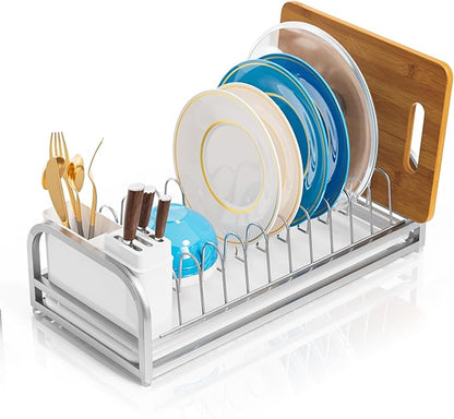 YEYPOP Dish Drying Rack for Small Kitchen Counter, 304 Stainless Steel Small Dish Rack w Utensil Holder & Tray for Limited Space, Rustproof Narrow Dish Rack for Pot & Pan, Plate, Lid (Silvery)
