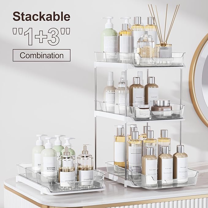 Delamu 2-Tier Multi-Purpose Bathroom Under Sink Organizers and Storage, Stackable Kitchen Pantry Organization, Pull Out Medicine Cabinet Organizer with Movable Dividers, White, 4Pack