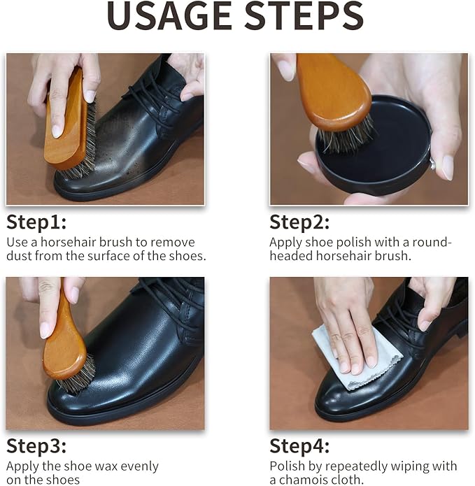 IKI Shoe Shine Polish Kit - 7PCS Leather Boot Care Kit with Black Shoe Polish Horsehair Brush Cloth Shoe Horn for Men