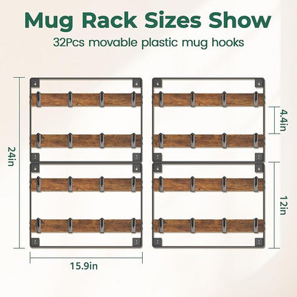 EsLuker.ly Mug Holder Hanger Rack Wall Mounted Wooden 4 Pack Coffee Cup Storage Organizer Display Shelf with 32 Removable Plastic Hooks, Ideal for Mug Collectors