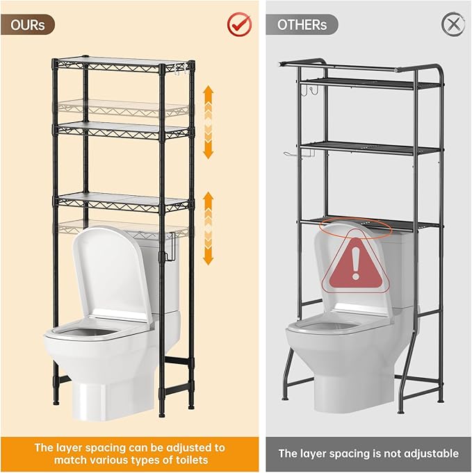 Golpart 3-Tier Over-The-Toilet Storage Shelf,Heavy-Duty Adjustable Bathroom Rack with 2 Mesh Baskets,Toilet Paper Holder & Hooks,Space-Saving Organizer for Bathroom,10”D x 24”W x 66”H,Black