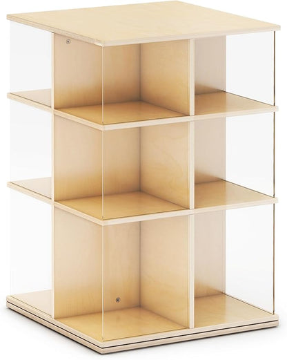 EdQ Rotating Big Book Display – Natural: 3-Tier Wooden Bookshelf for Kids' Room with Acrylic Sides | 360° Spinning Bookcase with Multi-Size Shelves for Home and Classroom Storage & Organization