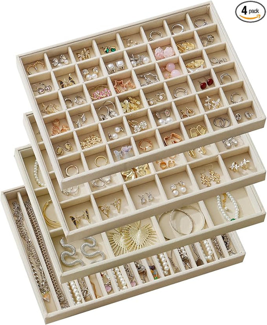 KATISYIO Large Jewelry Drawer Organizer Trays Set of 4, Stackable Velvet Jewelry Trays Organizer Holder Display Storage Showcase for Earring Necklace Bracelet Ring Accessary (Beige, 12+17+24+48 Grids)